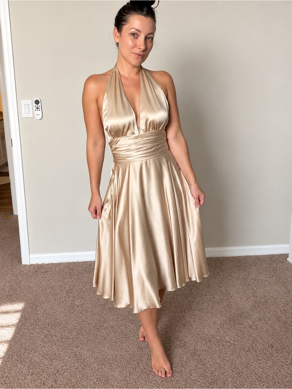 100% Silk Champagne Halter Dress | Ruched Waist | Size 2